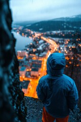 Obraz premium Hiker overlooking a lit city nestled between fjord and mountains at dusk