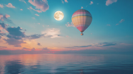 Obraz premium Hot air balloon travel flight cartoon landing page, aerial tourism service, ballon with basket flying above calm ocean surface in night sky with full moon, scenery landscape view, Vector web banner