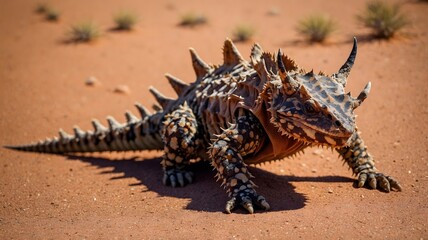 Thorny Devil Camouflaged in Desert Sand Under Sun