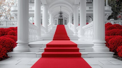 Elegant red carpet leading up grand white columns amidst vibrant red bushes in a serene setting