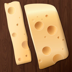 Swiss cheese and slices on wooden plate square background graphic illustration.