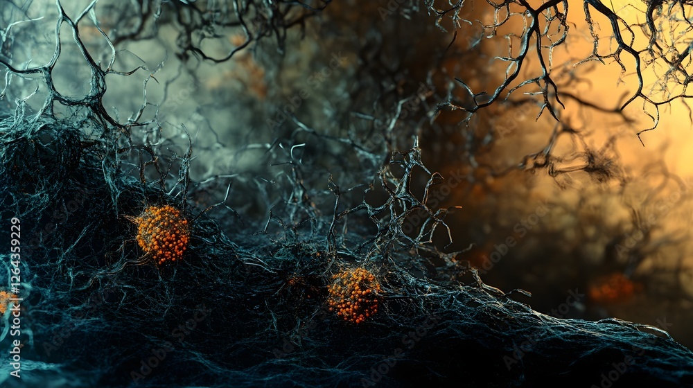 Aufkleber Intricate and delicate cobweb captured in an autumn forest setting with dramatic moody lighting and high contrast details  The tangled web like pattern creates a mysterious