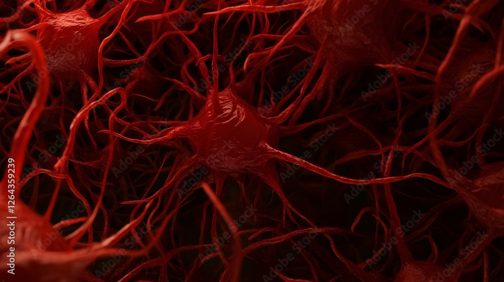 Poster intricate abstract red cellular structures resembling neurons and organic microbiological patterns