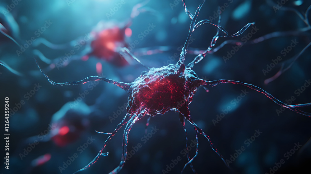 Poster Intricate and interconnected neural network synapse structures in vibrant shades of red and blue showcasing the complex microscopic anatomy of the human brain and nervous system