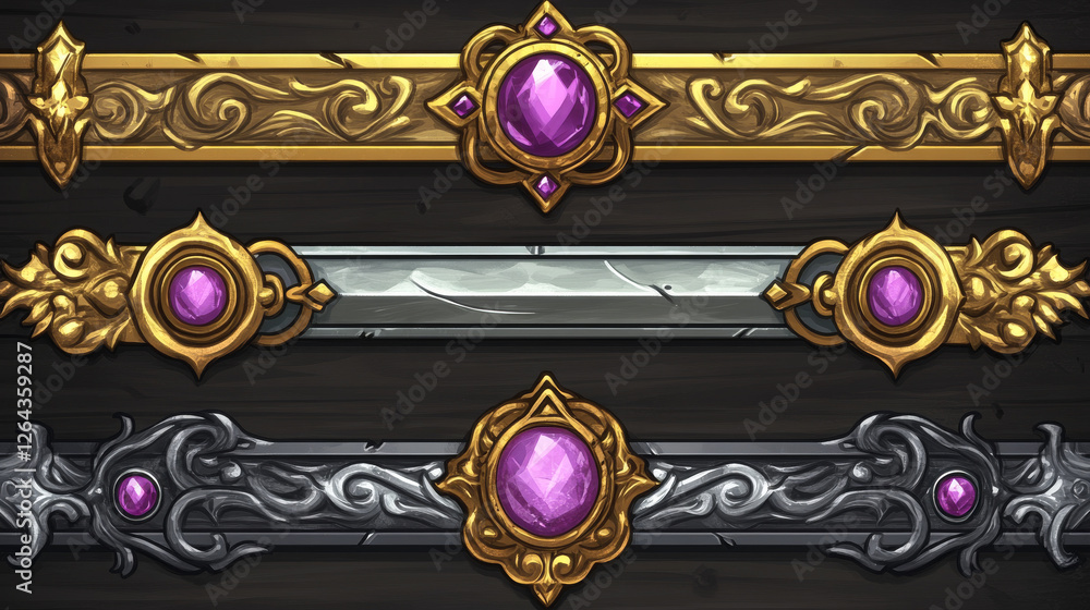 Aufkleber fantasy gold and silver frames in medieval style for rpg game ui design. vector cartoon set of empty