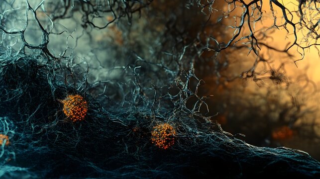 Intricate and delicate cobweb captured in an autumn forest setting with dramatic moody lighting and high contrast details  The tangled web like pattern creates a mysterious