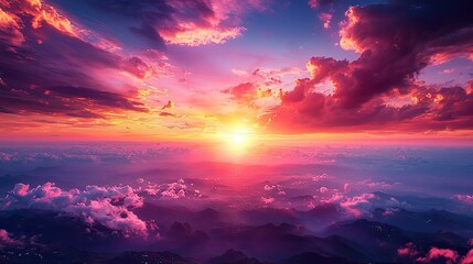 Breathtaking sunset over mountain range with vibrant clouds and serene atmosphere