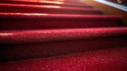 Close-up view of luxurious red carpeted stairs leading to an elegant interior space