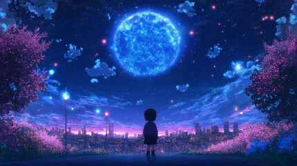 Obraz premium Child Gazing at the Blue Moon: A young child stands alone in a mesmerizing nightscape, captivated by a giant luminous blue moon that illuminates the city skyline and creates a dreamy atmosphere.