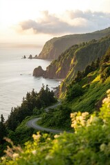 Obraz premium Winding coastal road on green cliffs in sunlight with cloudy sky. Scenic drive
