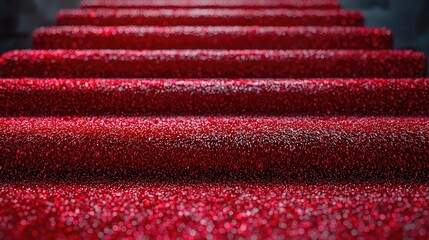 Close-up view of shimmering red glitter fabric rolls arranged in a vibrant display, ideal for crafting