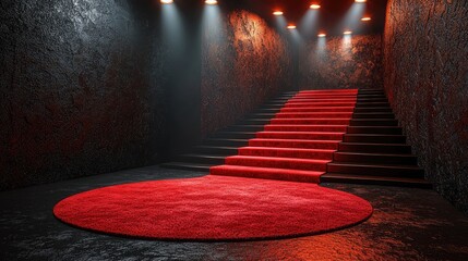 A dramatic red carpet leading up a staircase illuminated by soft spotlights in a moody setting
