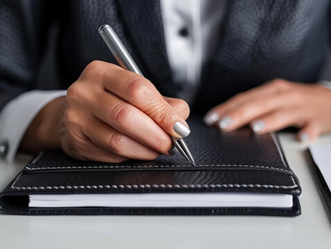 Close-up of Signing a Document: A woman's hand elegantly signs a document with a silver pen on a black leather-bound notebook, showcasing professionalism and attention to detail.  - Powered by Adobe