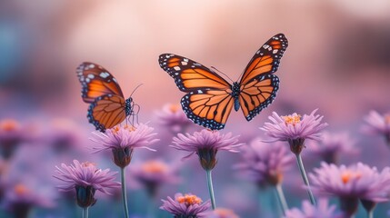 Fototapeta premium Two vibrant butterflies gracefully fluttering among colorful flowers in a serene garden setting
