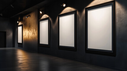 Blank movie posters illuminated by spotlights. Vector realistic mockup of white picture in black frames on gray tiled wall in cinema, theater hallway or gallery. Empty advertising banners with lamps
