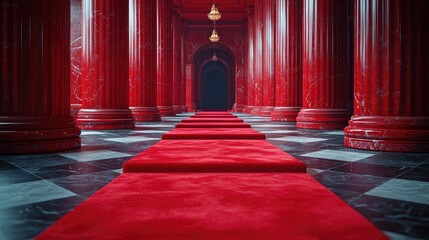 A luxurious red carpet leading through grand columns in an opulent hallway, suggesting elegance