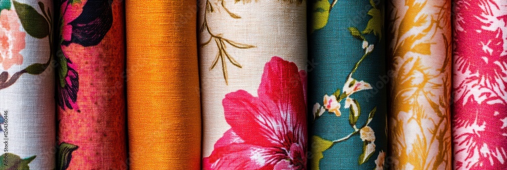 Poster close up display of vibrant patterned fabrics with floral and geometric designs featuring blank spac