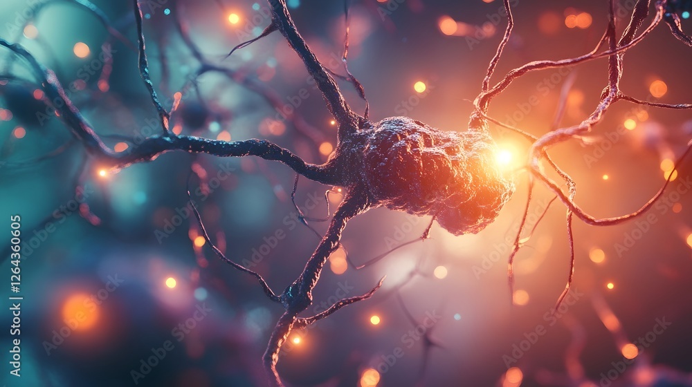 Poster intricate glowing neural network of microscopic synaptic connections firing electrical impulses in a