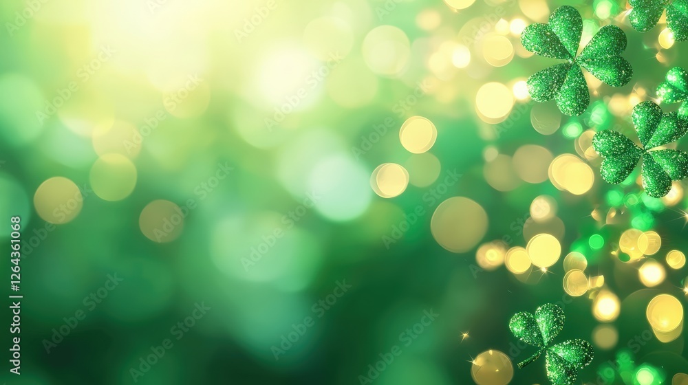 Poster a vibrant green background featuring small clovers and soft bokeh lighting, creating a fresh and liv