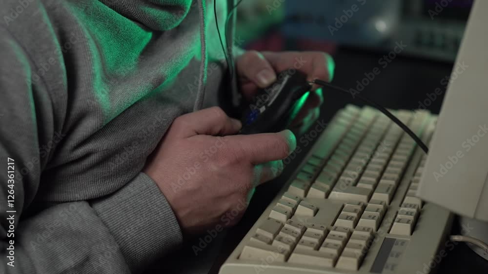 Poster gaming console from 1990's in hands of video gamer in front of desktop computer