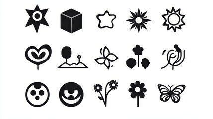 Retrowave black icons set isolated on white background. Vector illustration of y2k retro futuristic star, cube, planet, flower, butterfly, eyes, lollipop, sun, heart, wireframe landscape shape symbols