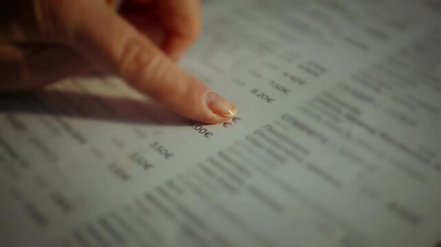A hand points to various options on a cafe menu while enjoying a sunny afternoon.