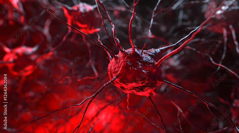 Poster intricate microscopic view of a vibrant red and black neurological network showcasing the complex ce