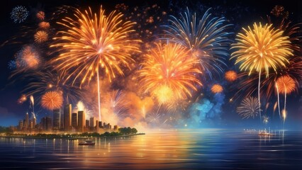 Fototapeta premium Dark Night Sky Illuminated by Fireworks Explosion