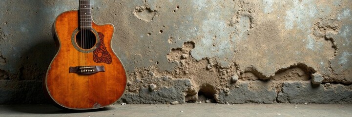 Fototapeta premium Vintage guitar leaning against a worn stone wall, wall, weathered, outdoors