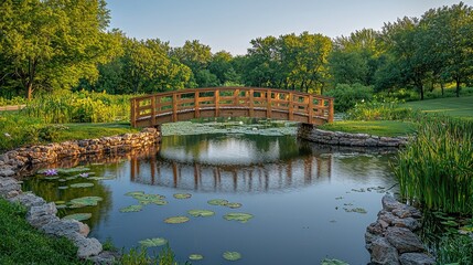 Obraz premium Serene wooden bridge over a tranquil pond surrounded by lush greenery and lily pads