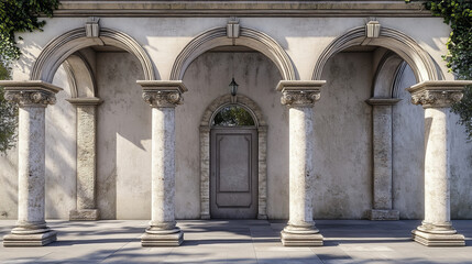 Fototapeta premium Architecture arches with stone columns, antique gates for interior or exterior with pillars, palace or castle archway decorative frames. Portal entrance, antique doorways Cartoon vector illustration