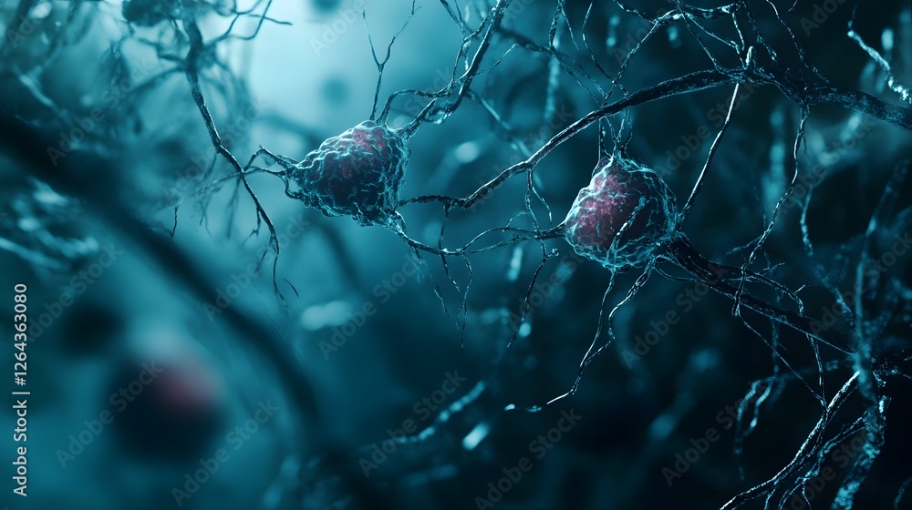 Poster intricate neural network connections in a mysterious cerebral landscape representing the complex bio