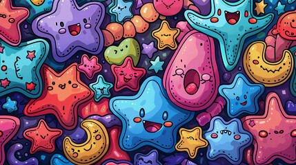 Obraz premium Pastel Colored Kawaii Doodles with Simple Thick Outlines for Children
