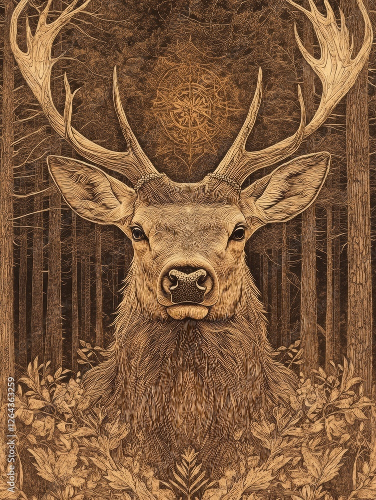 Fototapete engraved deer portrait showcasing intricate line work in sepia tones with space for text in a forest