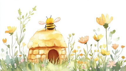 A whimsical illustration of a bee sitting atop a charming honeycomb house, surrounded by vibrant wildflowers and lush green grass, evoking nature's beauty.
