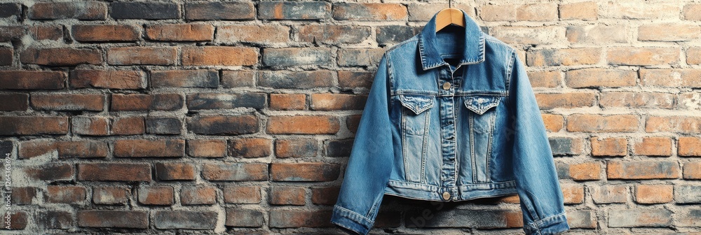 Aufkleber denim jacket hanging on a rustic brick wall with blank area for text display and creative design opp