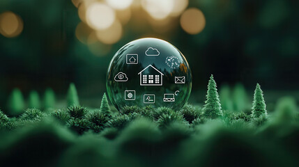 glass sphere surrounded by greenery displays icons representing environmental strategy and technology. This symbolizes integration of nature and innovation in sustainable practices