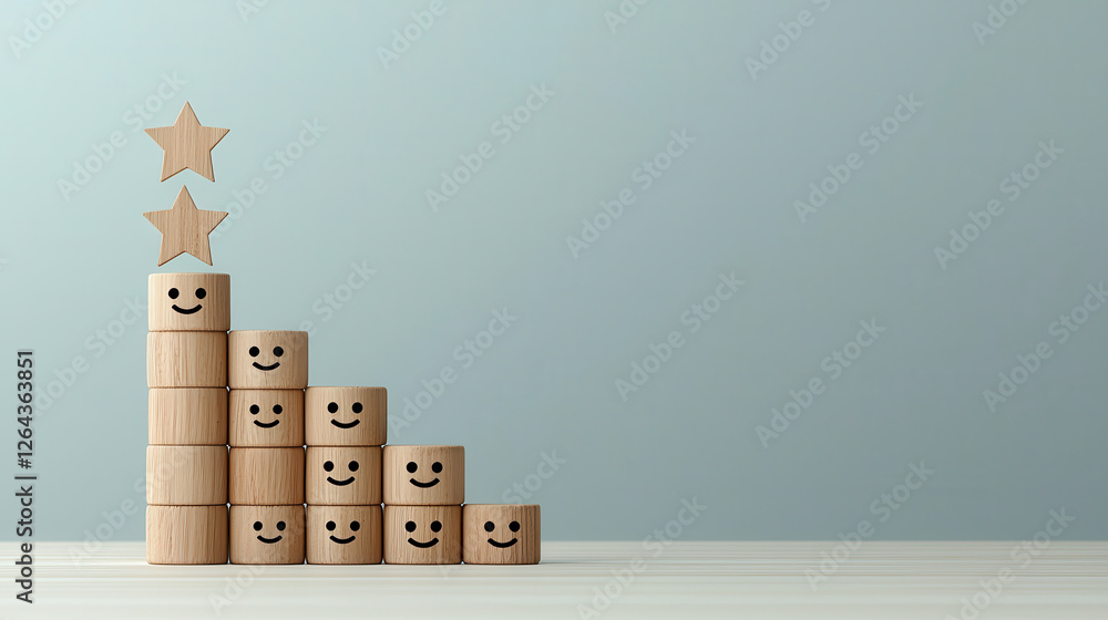 Poster building blocks with smiley faces arranged in staircase pattern, symbolizing growth and success, wit