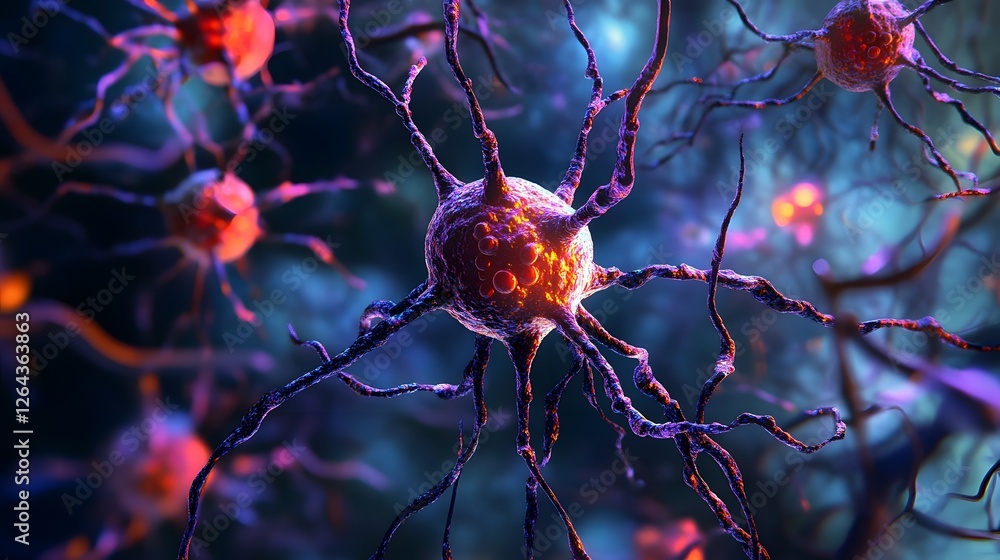 Poster intricate neural network of branching dendrites and axons forming complex synaptic connections repre
