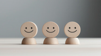 Wooden smiley face figures representing customer satisfaction and engagement. These cheerful icons symbolize positive business performance and emotional connection