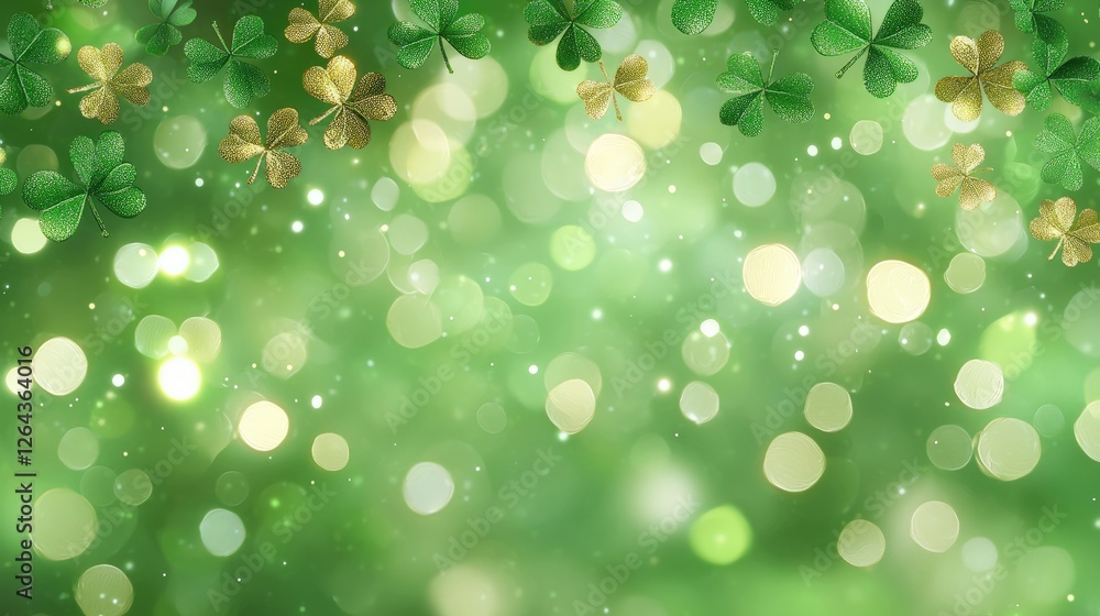 Poster a vibrant green background adorned with shimmering bokeh and clover leaves, creating a festive and f