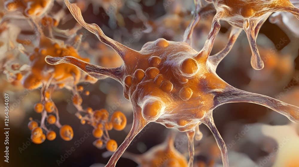 Poster intricate neural network of branching neurons and synaptic connections captured in a close up micros
