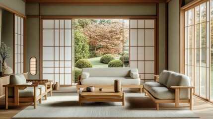 Fototapeta premium Beautiful japanese style living room opens to a tranquil garden