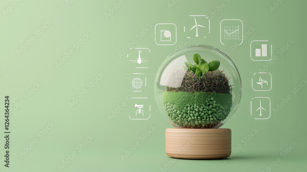 Poster eco friendly technology integration in transparent globe showcases sustainable practices. design fea