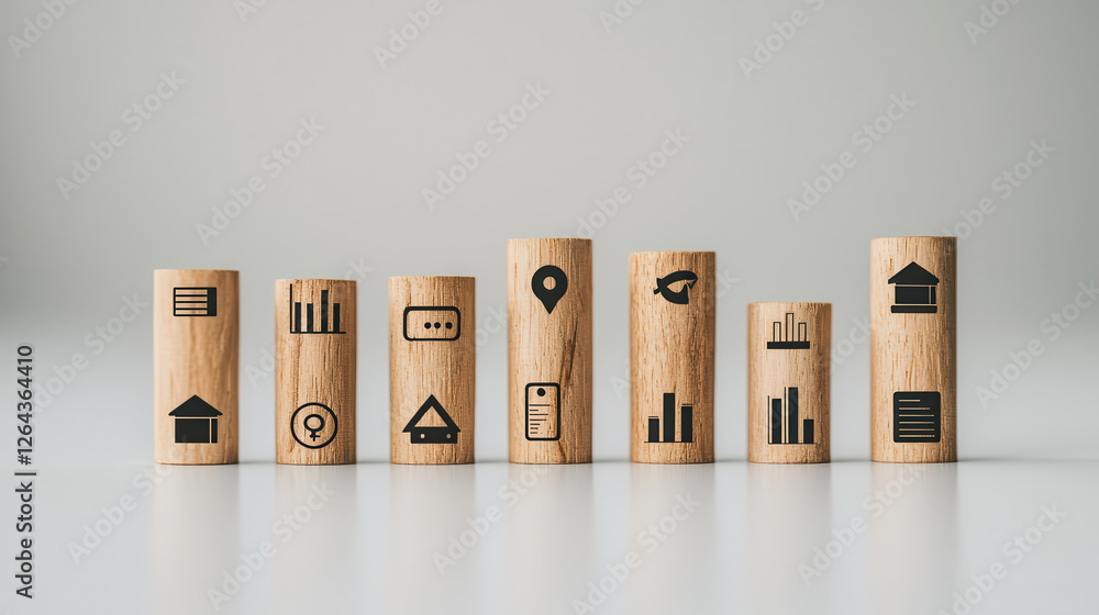 Poster wooden blocks with various icons representing data visualization, analytics, and business concepts. 
