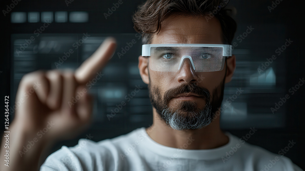 Fototapete Innovative executive using augmented reality glasses to analyze data trends. focus is on technology and business insights in modern workspace