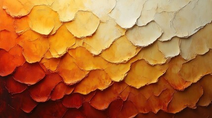 Abstract textured background with layered scales in warm hues of orange, yellow, and red