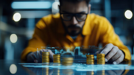 Analyzing financial data with coins in modern industrial setting, man in glasses focuses on digital graphs. atmosphere conveys sense of innovation and precision