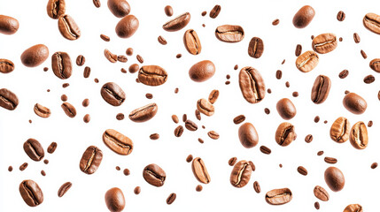 Obraz premium Flying roasted coffee beans scattered on white background in dynamic composition. Brown aromatic grains motion pattern with blurred elements for cafe menu banner or product packaging design.