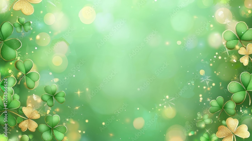 Poster a vibrant green background adorned with clover leaves and sparkling bokeh effects, creating a fresh 